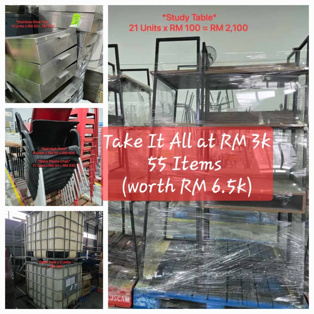 Bulk Lot: 21 Study Tables, 2 Water Tanks, 13 Stainless Steel Trays, 8 High Stools, 11 Plastic Chairs - Image 1