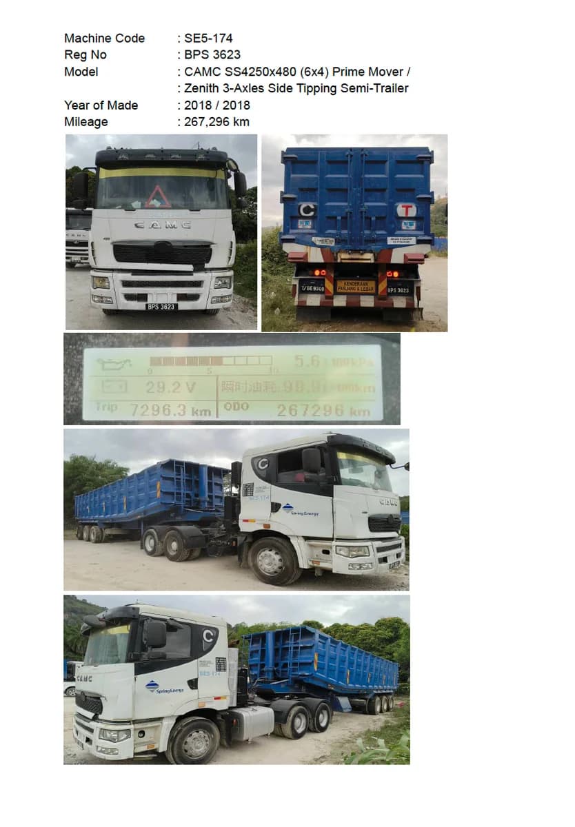 CAMC | Prime Mover | SS4250x480 (6x4) | 2018 | Used | SE5-174 - 183
Zenith | 3-Axles Side Tipping Semi-Trailer | 2018 | Used