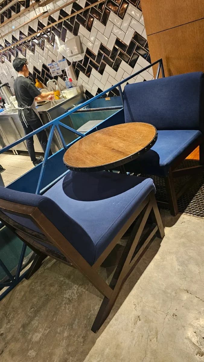 Chair and Table Set | Blue Upholstered Chairs, Metal Rivets - Image 1