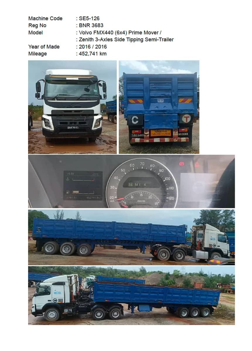 Volvo | Prime Mover | FMX440 (6x4) | 2016 | used | SE5-124 - 132 (9 units) + Zenith | 3-Axles Side Tipping Semi-Trailer | 2016 | Used - Image 3