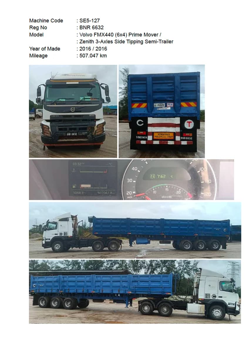 Volvo | Prime Mover | FMX440 (6x4) | 2016 | used | SE5-124 - 132 (9 units) + Zenith | 3-Axles Side Tipping Semi-Trailer | 2016 | Used - Image 8