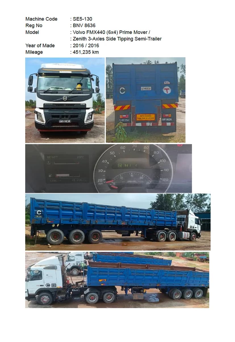 Volvo | Prime Mover | FMX440 (6x4) | 2016 | used | SE5-124 - 132 (9 units) + Zenith | 3-Axles Side Tipping Semi-Trailer | 2016 | Used - Image 11