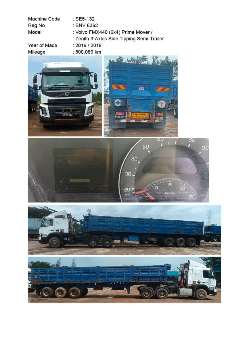Volvo | Prime Mover | FMX440 (6x4) | 2016 | used | SE5-124 - 132 (9 units) + Zenith | 3-Axles Side Tipping Semi-Trailer | 2016 | Used - Image 13